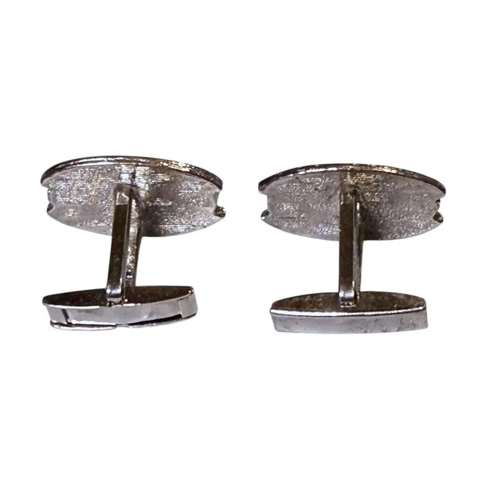 Vintage Cufflinks Mens Oval Silver Tone Blue Glass Jewel Formal Workwear